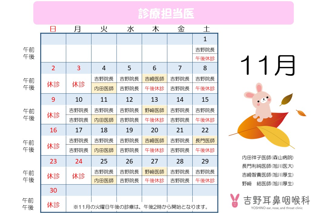 11月の休診・出張医